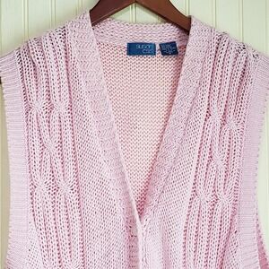 Vintage Susan Ess Sweater Vest Womens Medium Pink V Neck Cable Knit Button Front